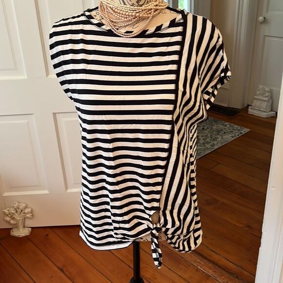 Jones NY Tie Front Classic Striped Tie Top L EUC - Picture 1 of 9